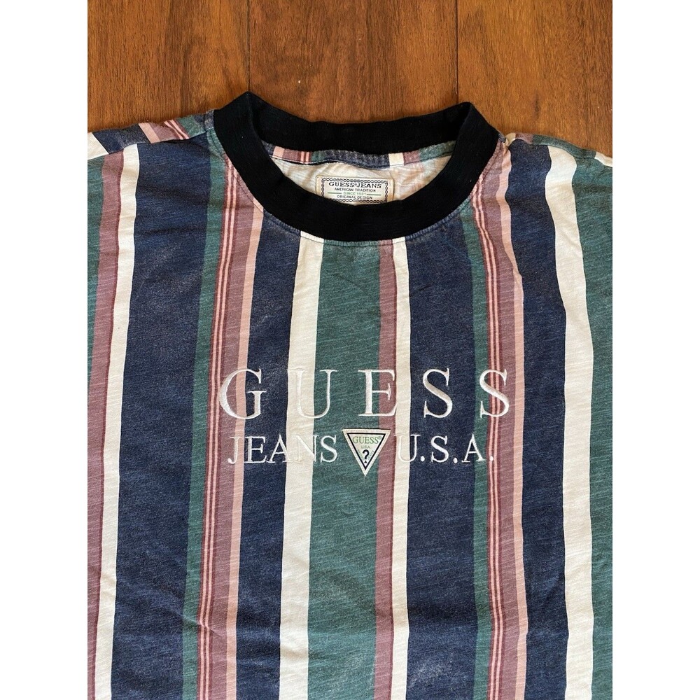 Vintage GUESS Jeans Men’s Striped Logo Crew Neck Short Sleeve T-Shirt Size L - Picture 3 of 4